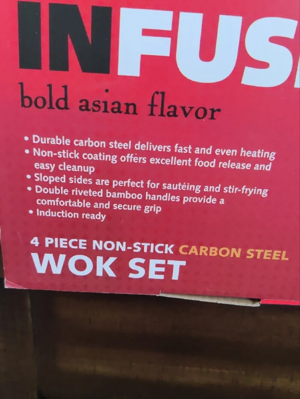 NIB Carbon Steel Non-Stick Wok Set with Wooden Spatula and Glass Lid
